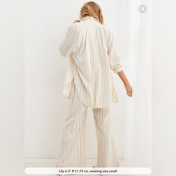Aerie Two-Piece Set – Striped Button-Down Shirt L High-Waist Wide-Leg Pants M - Picture 2 of 16